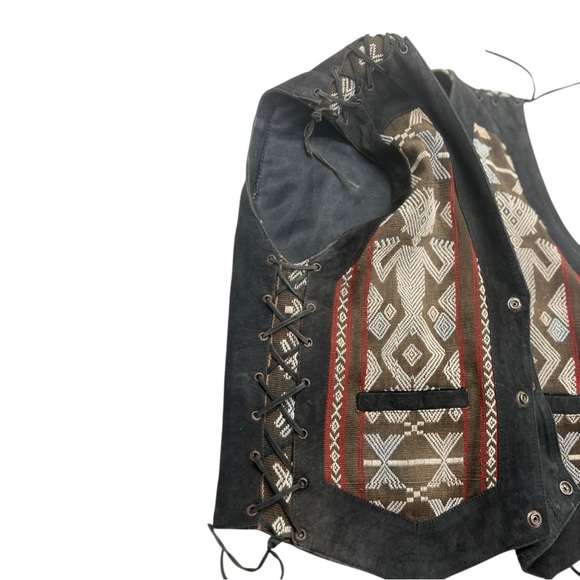 70s Vintage Leather & Southwestern Woven Festival Vest Lace-Up Sides - Picture 10 of 14